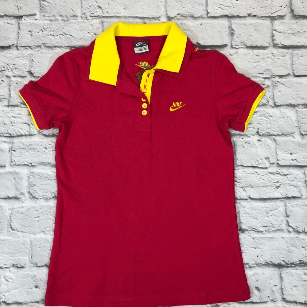 Nike Polo Golf Athletic Shirt Dark hot Pink/yellow Collar Logo NEW NWOT